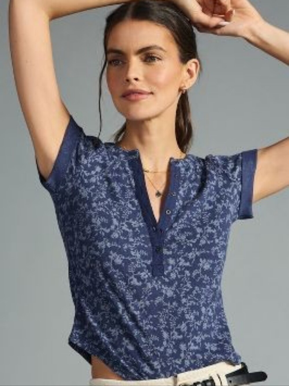 Pilcro The Andie Ribbed Blue Short Sleeve Henley Top Size XL